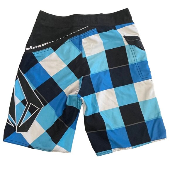 Volcom Boys 12 Blue Ice Plaid Boardshorts Swim Surf Trunks Pocket Logo Spellout - Picture 7 of 15
